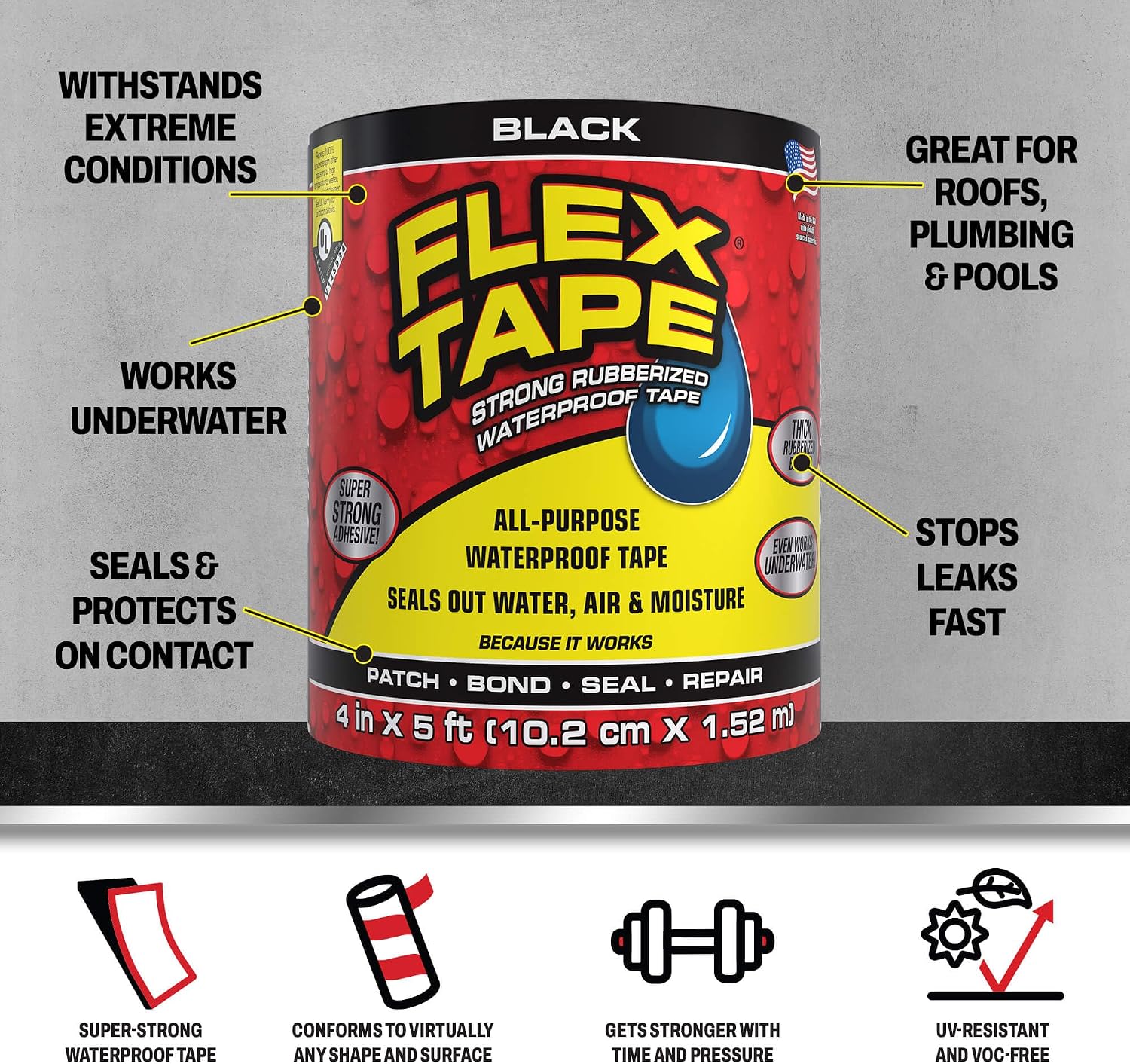 Flex Tape Strong Rubberized Waterproof Tape, Black, 8 in x 25 ft, 1-Pack