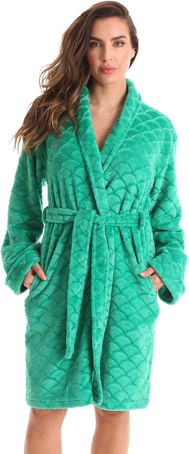 Just Love Women's Plush Fleece Bathrobe, Shawl Collar Jacquard Robe with Tie Belt