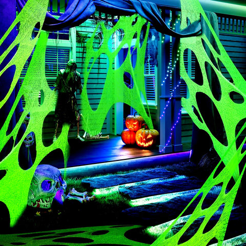 Glow in The Dark Green 1000 Sqft Uncut Giant Spider Web Halloween Decorations Outdoor with 1 Black Light &10 Ground Nails Stretchy Beef Cloth Netting DIY for Yard Party