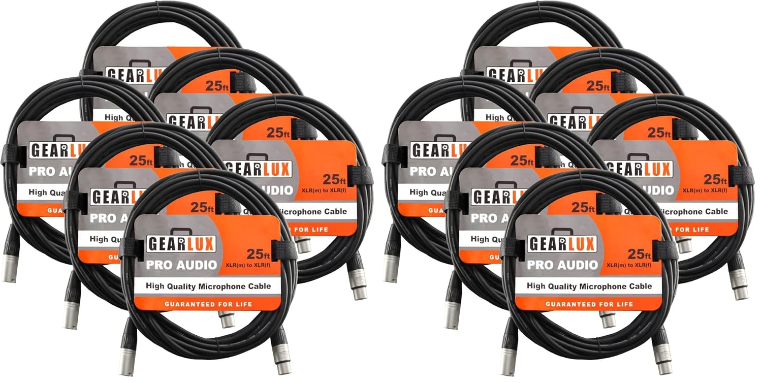 Gearlux XLR Microphone Cable, Fully Balanced, Male to Female, 25 Feet - Single Pack