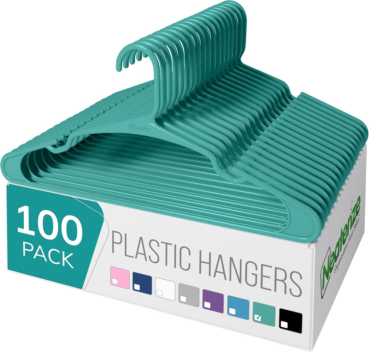 NEATERIZE Clothes Hangers Plastic 100 Pack for Adults - Plastic Hangers, The Perfect Coat Hanger and Space Saving Clothes Hangers for Closet - Aqua Hangers