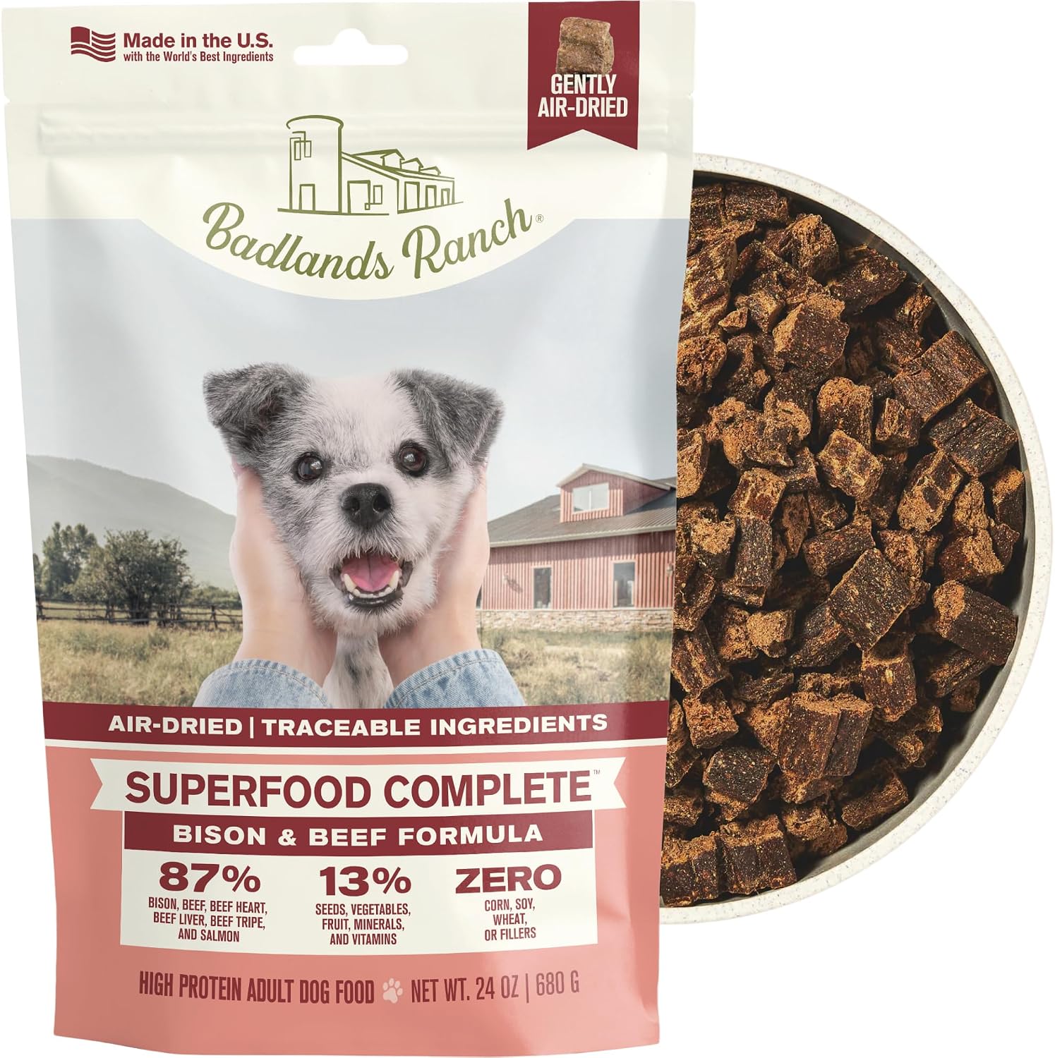 BADLANDS RANCH Air-Dried Beef & Bison Dog Food, 87% Meat, 24 oz