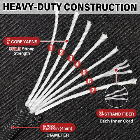 Paracord Rope 550 lb - 100ft 5/32" Parachute Cord 4MM 7-Strand para Cord - Heavy Duty Spool String for Survival,Camping Gear, Survival Bracelet, Clothesline - Black