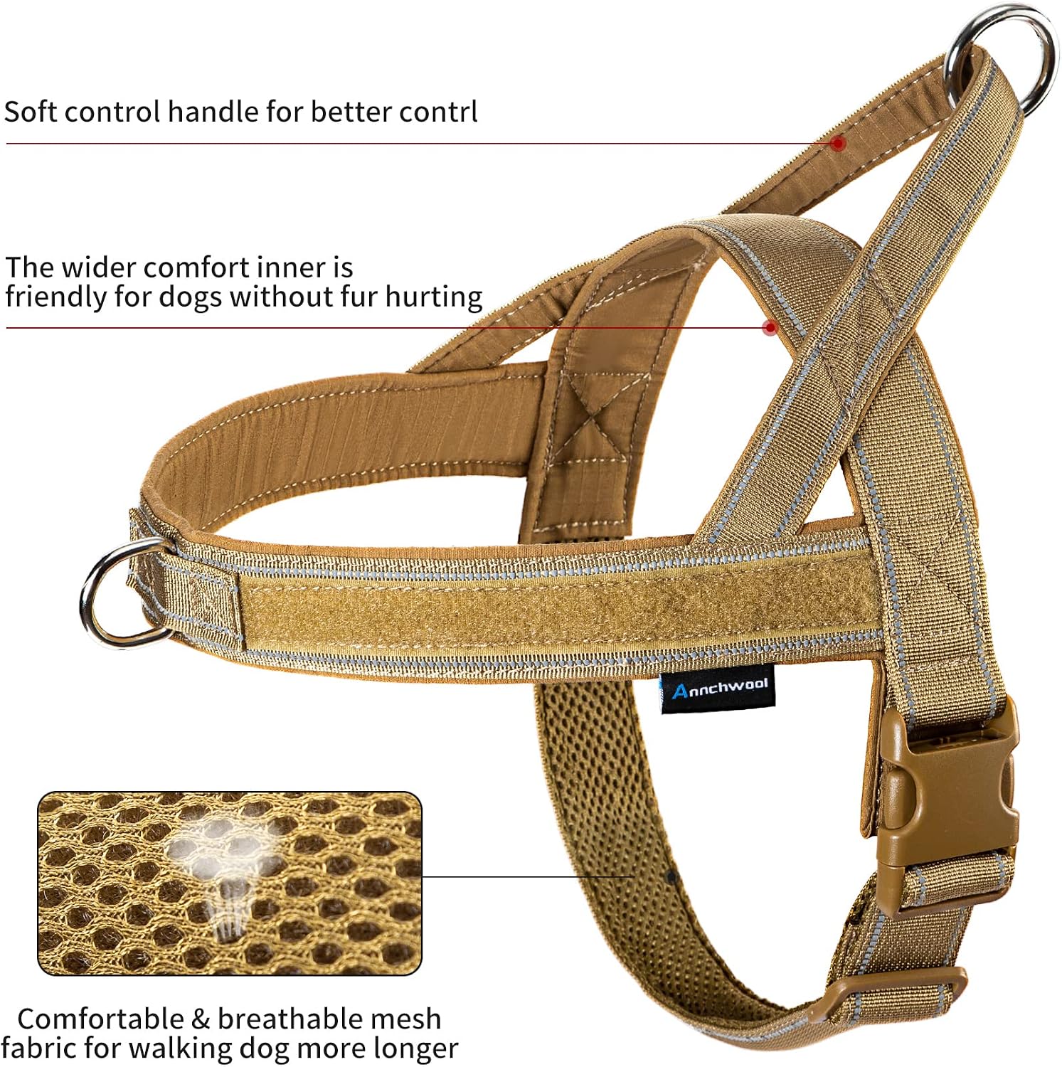 Annchwool No Pull Dog Harness with Soft Padded Handle,Reflective Strip Escape Proof and Quick Fit to Adjust Dog Harness,Easy for Training Walking for Small & Medium and Large Dogs(Brown,XL)