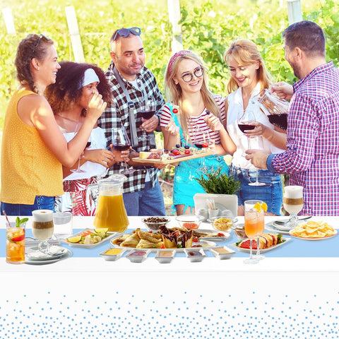 2 Pack White and Light Blue Tablecloth Disposable White Table Cloth Printed Pastel Blue Table Runner for Parties Baby & Bridal Shower Engagement Wedding Birthday BBQ Picnic Indoors and Outdoors Party