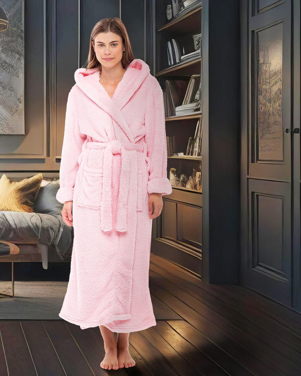 Alexander Del Rossa Womens Fluffy, Fuzzy Robe for Women,Women's Long Hooded Robes, Plus Size