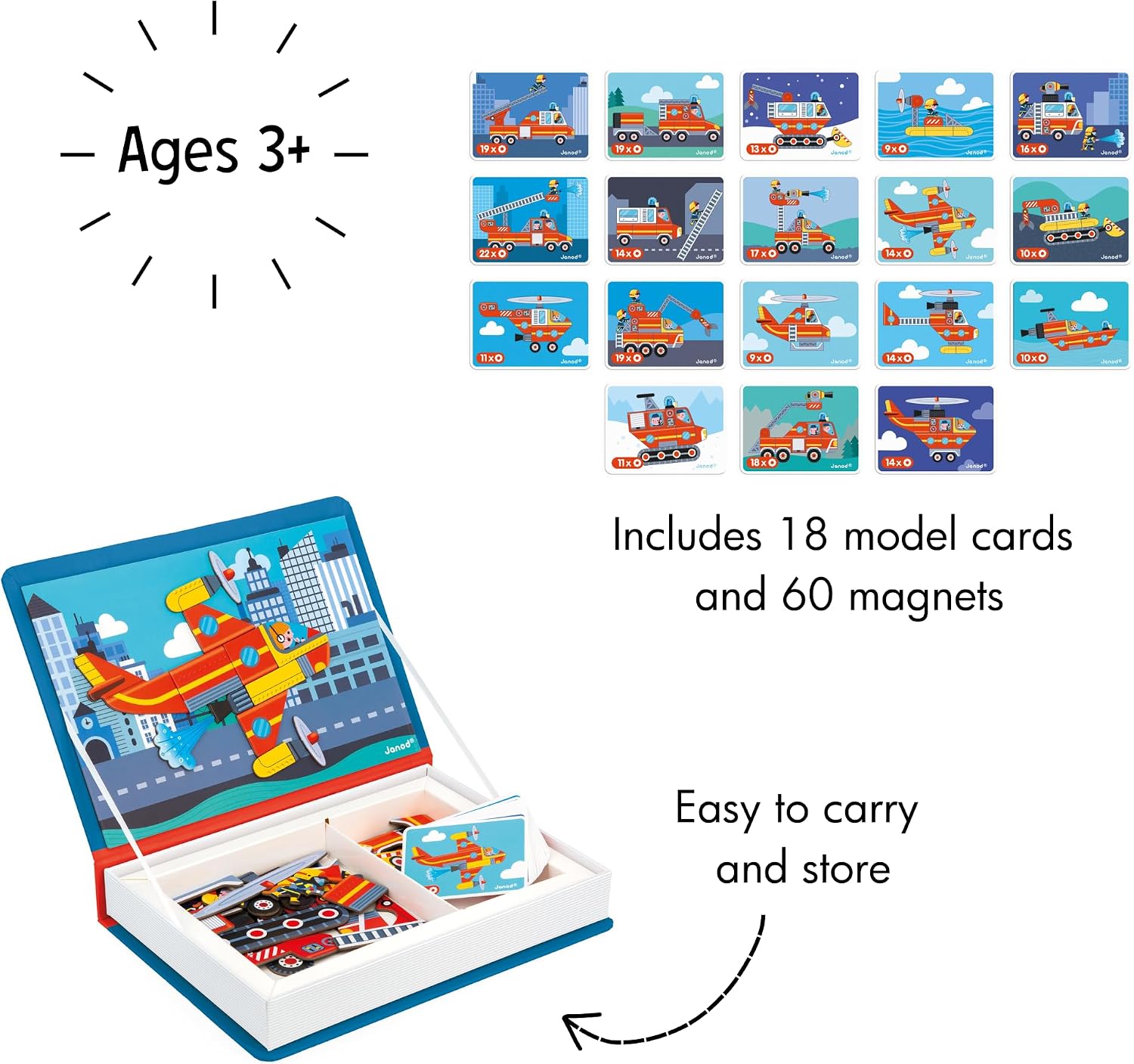Janod - Magnéti'Book Firefighters - Magnetic Educational Game 60 Magnets + 18 Models - Children's Toy Made of Cardboard - Develops Dexterity and Creativity - Suitable for Ages 3 and Above
