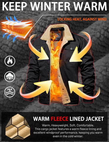 MAGCOMSEN Men's Winter Jacket Lined Sherpa Jacket Warm Trucker Coat Multi Pocket