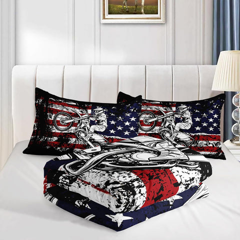 Axolotl Dirt Bike Comforter Set Twin, American Flag Bedding Set, Motocross Comforter,White Red Stripes Stars Bedding, Motorcycle Racer Quilt for Boys Kids Teens Men, 1 Dirt Bike Quilt 2 Pillowcases