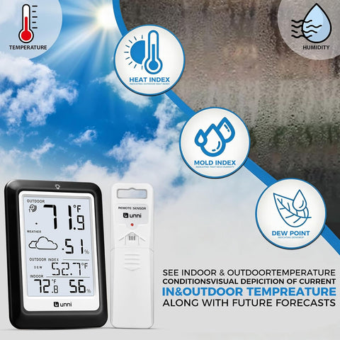 Indoor Outdoor Thermometer Hygrometer Wireless Weather Station, Temperature Humidity Monitor Battery Powered Inside Outside Thermometers with 330ft Range Remote Sensor(Black)