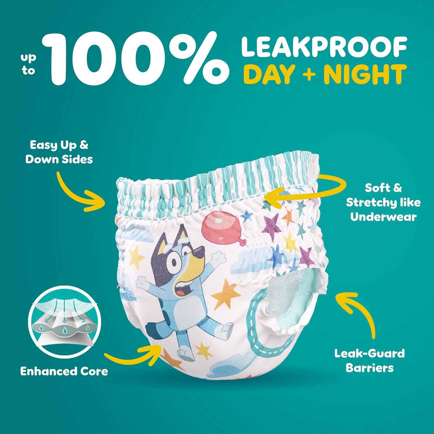 Easy Ups Girls & Boys Potty Training Pants, Size 7 (5T6T), 15 Count, Bluey Absorbent Training Underwear, Up to 100% Leakproof Day and Night, Hypoallergenic (Packaging May Vary)