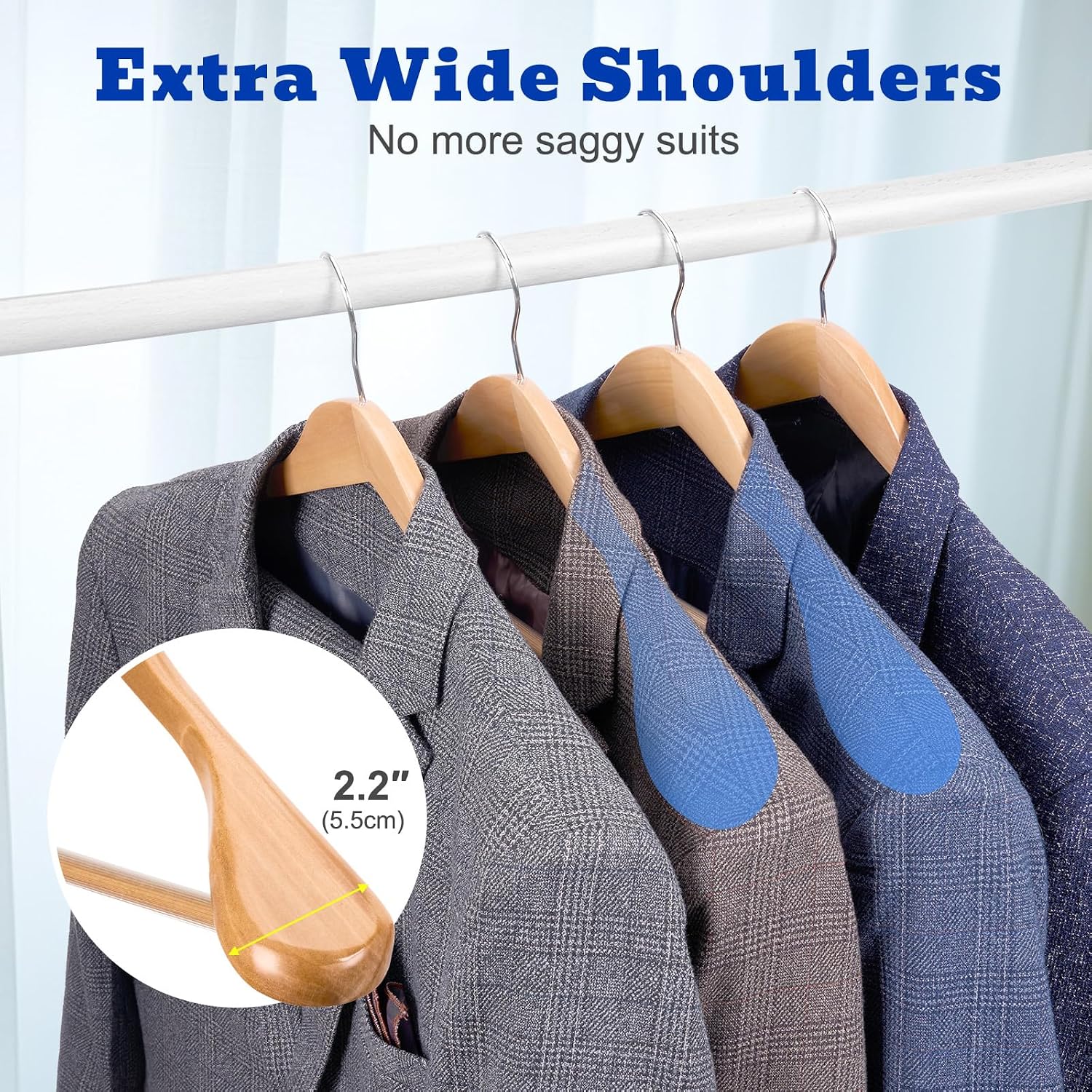 HOUSE DAY Wide Shoulder Wooden Hangers, Suit Hangers with Non Slip Pants Bar, Smooth Finish 360° Swivel Hook High-Grade Solid Wood Coat Hangers for Dress, Jacket, Heavy Clothes Hanger 6 Pack (Natural)