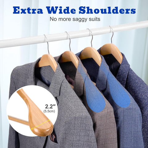 HOUSE DAY Wide Shoulder Wooden Hangers, Suit Hangers with Non Slip Pants Bar, Smooth Finish 360° Swivel Hook High-Grade Solid Wood Coat Hangers for Dress, Jacket, Heavy Clothes Hanger 6 Pack (Natural)