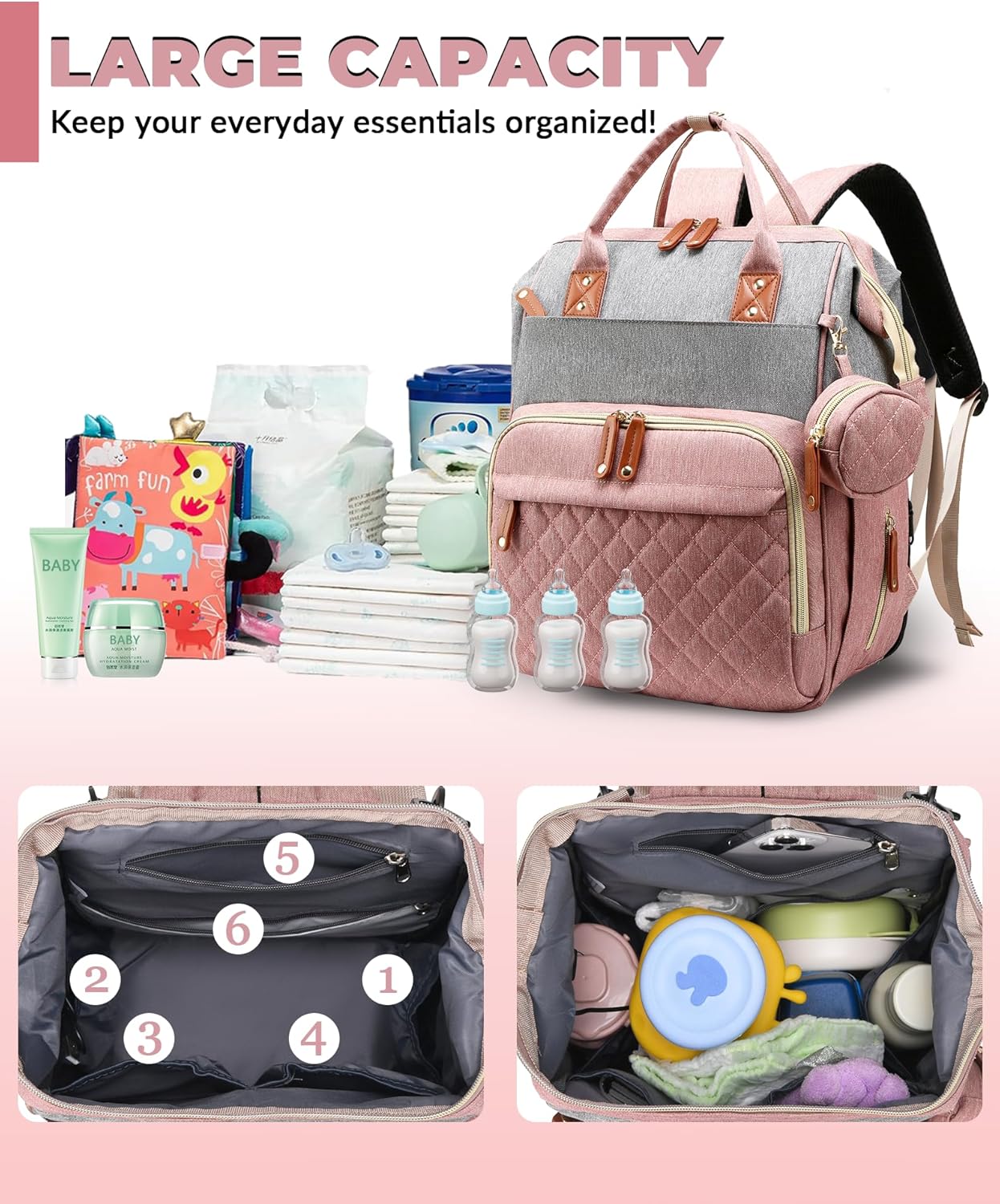 Diaper Bag with Changing Station, Waterproof 3 in 1 Diaper Backpack with Foldable Changing Pad, Large Travel Backpack for Mom & Dad, Baby Gift for Baby Girl & Boy, Pink-Grey