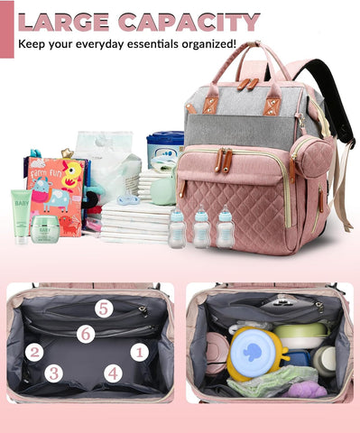 Diaper Bag with Changing Station, Waterproof 3 in 1 Diaper Backpack with Foldable Changing Pad, Large Travel Backpack for Mom & Dad, Baby Gift for Baby Girl & Boy, Pink-Grey