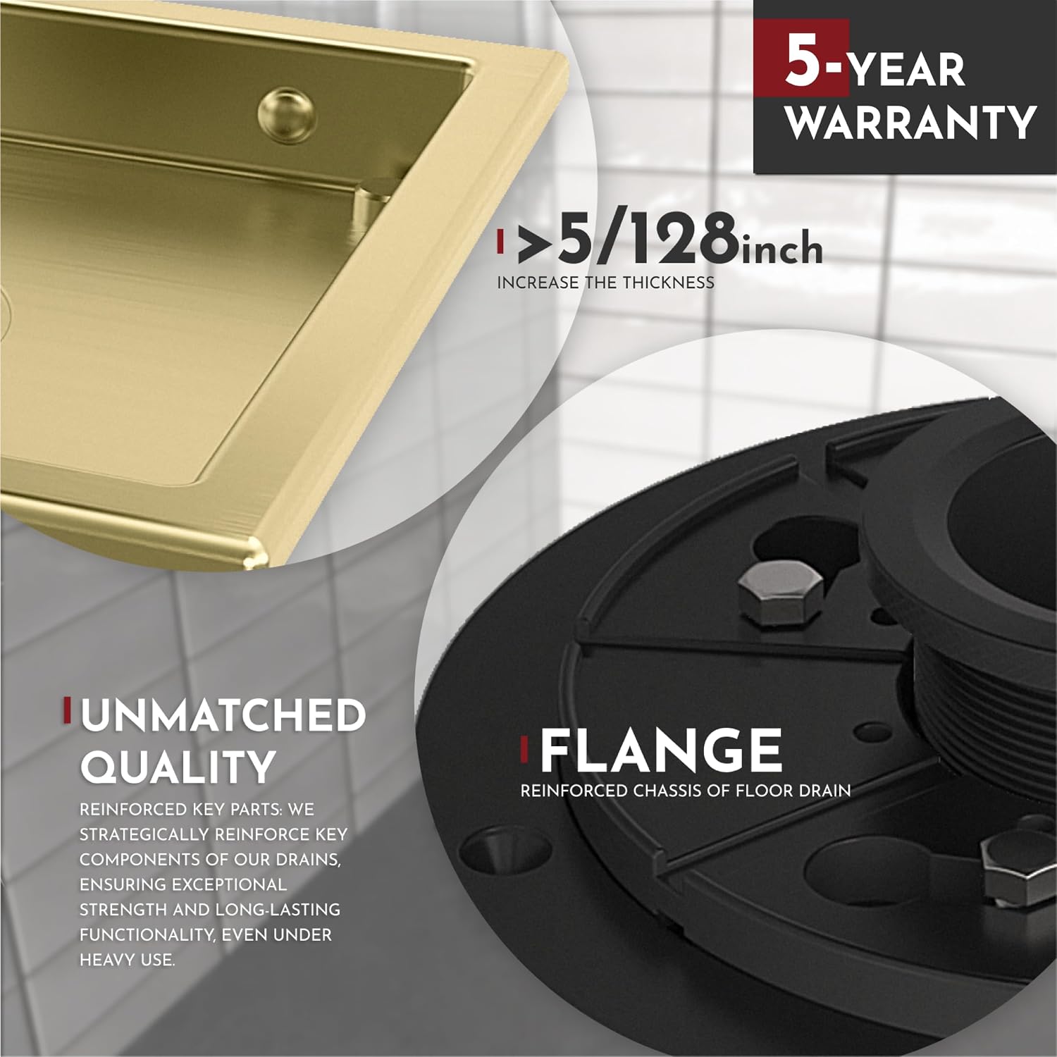 WEBANG 6 Inch Square Shower Floor Drain with Flange,Quadrato Pattern Grate Removable,Food-Grade SUS 304 Stainless Steel,Watermark&CUPC Certified, Brushed Gold