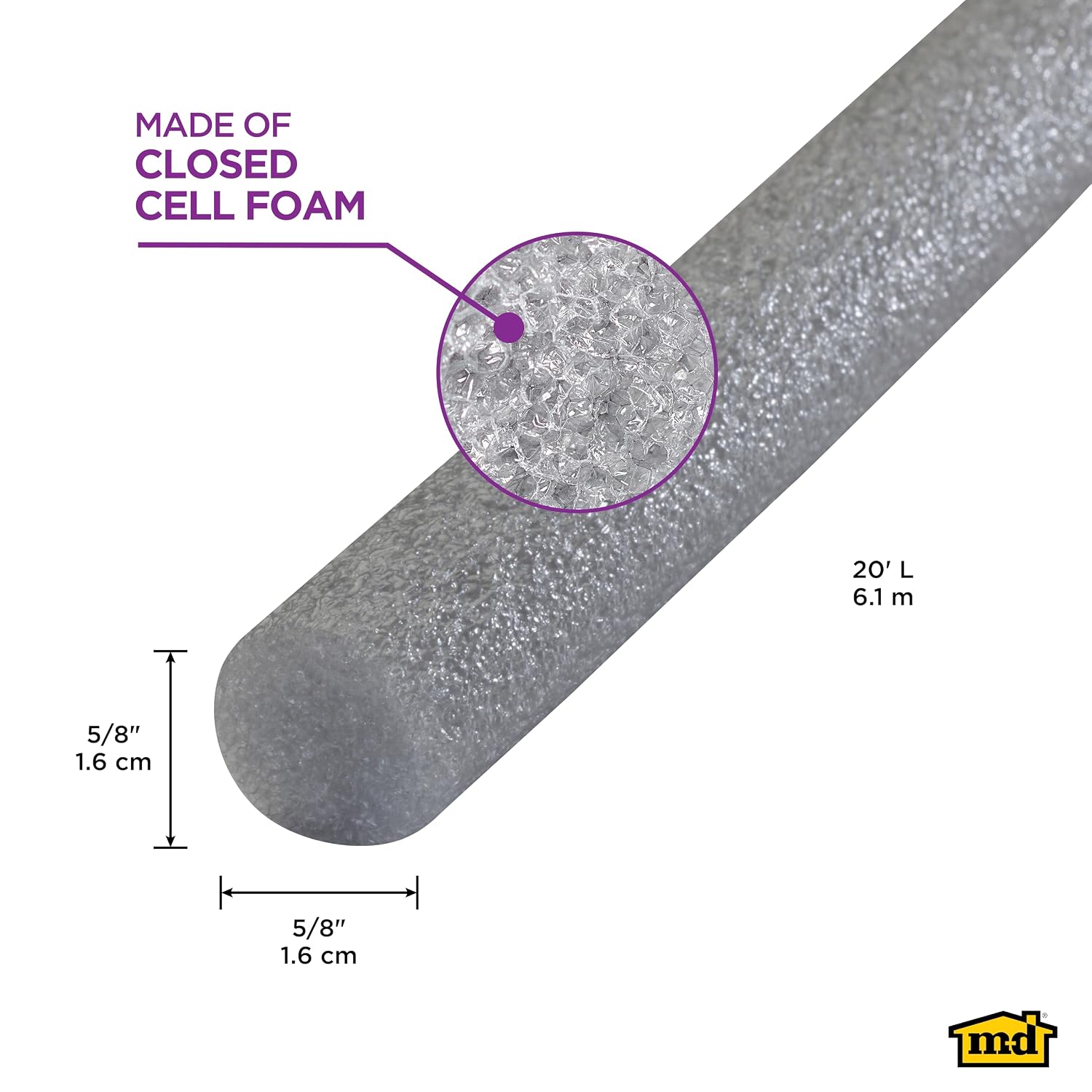 MD Building Foam Backer Rod, Gray, 20ft x 5/8in for Large Gaps
