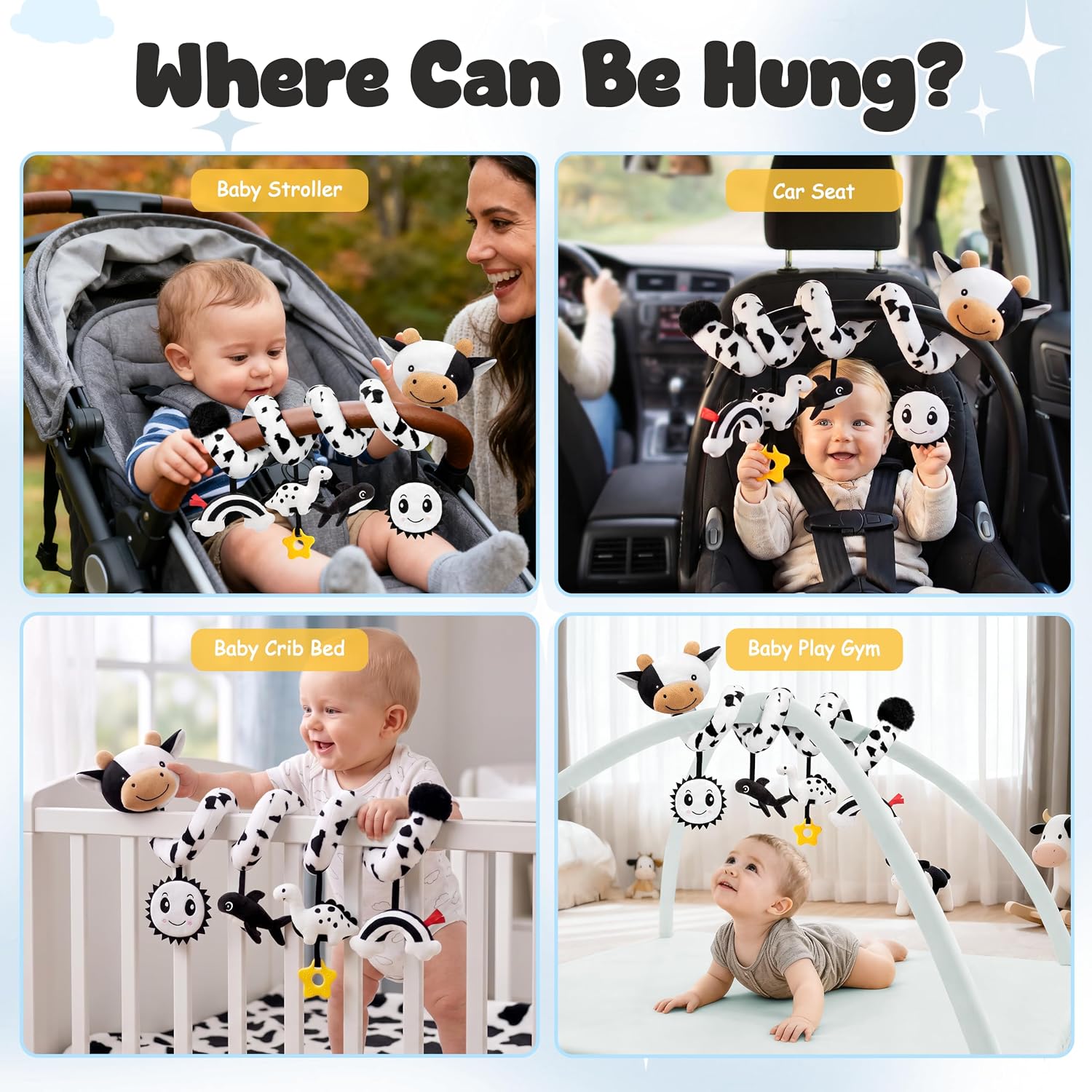 Spiral Car Seat Baby Toys 0-6 Months, Infant Carseat High Contrast Sensory Toys Hanging Stroller Accessories, Newborn Shower Gifts for Baby Boys Essentials Stuff, Cute Black and White Cow