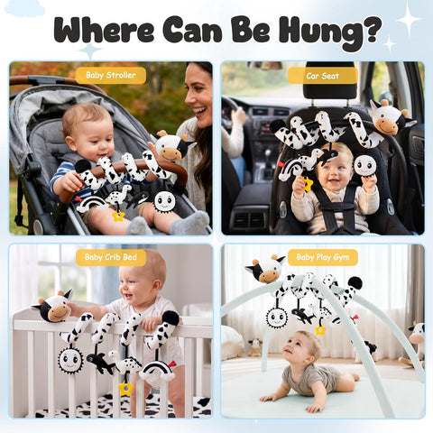 Spiral Car Seat Baby Toys 0-6 Months, Infant Carseat High Contrast Sensory Toys Hanging Stroller Accessories, Newborn Shower Gifts for Baby Boys Essentials Stuff, Cute Black and White Cow