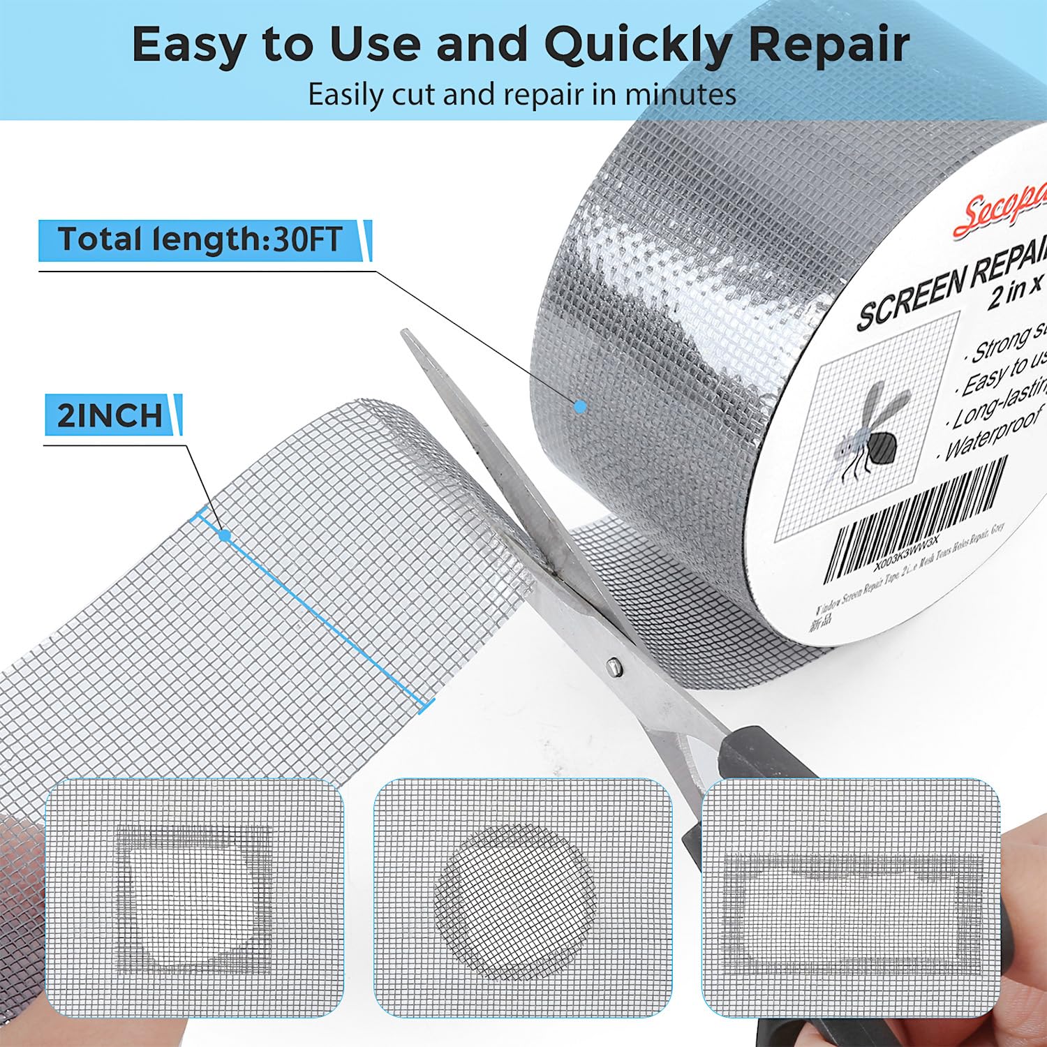 Secopad 2" x 360" (30FT) Screen Repair Tape, Screen Repair Kit, Grey