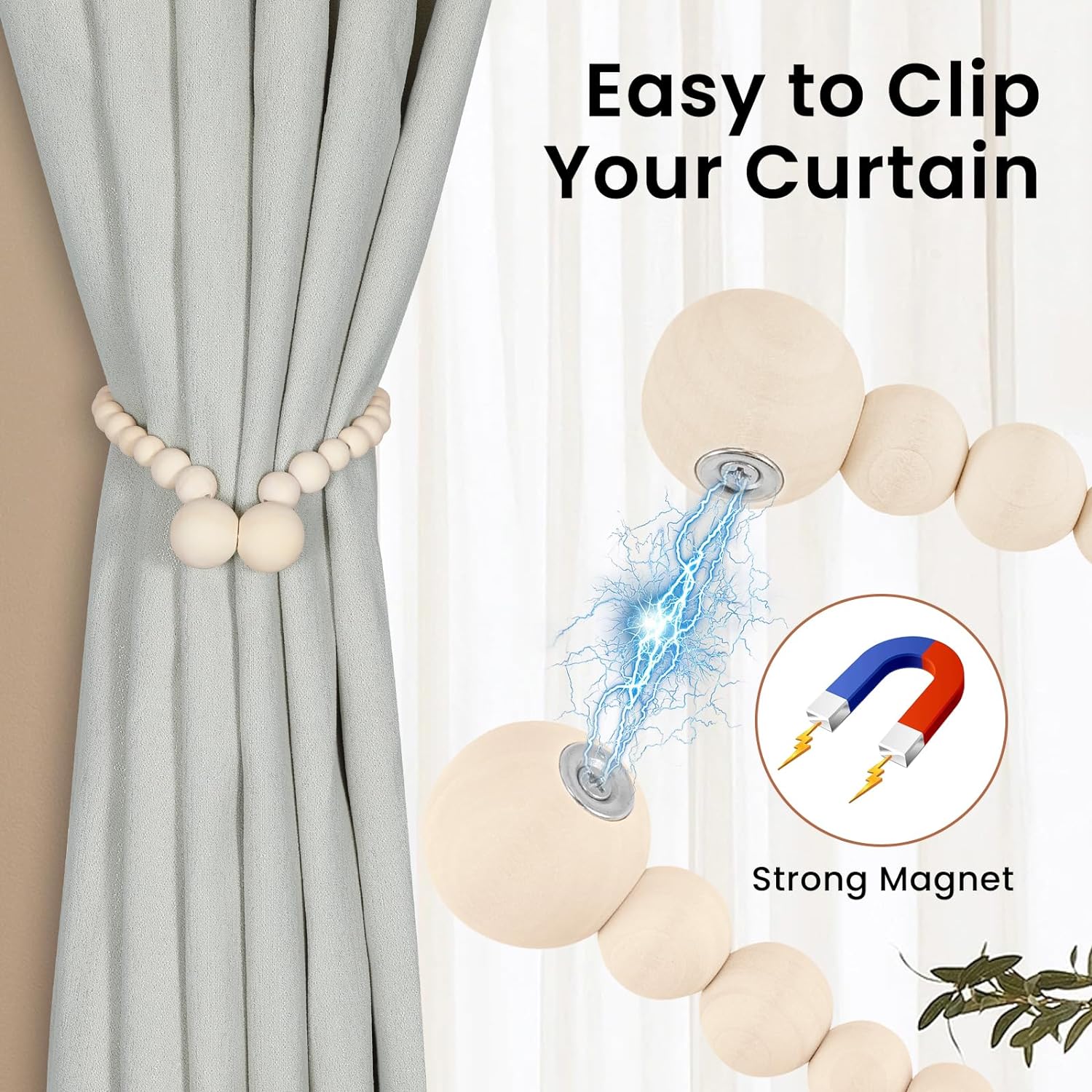 KLOGTSIND Magnetic Curtain Tiebacks, 4 Pack Wood Bead Curtain Holdbacks