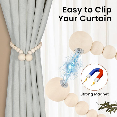 KLOGTSIND Magnetic Curtain Tiebacks, 4 Pack Wood Bead Curtain Holdbacks