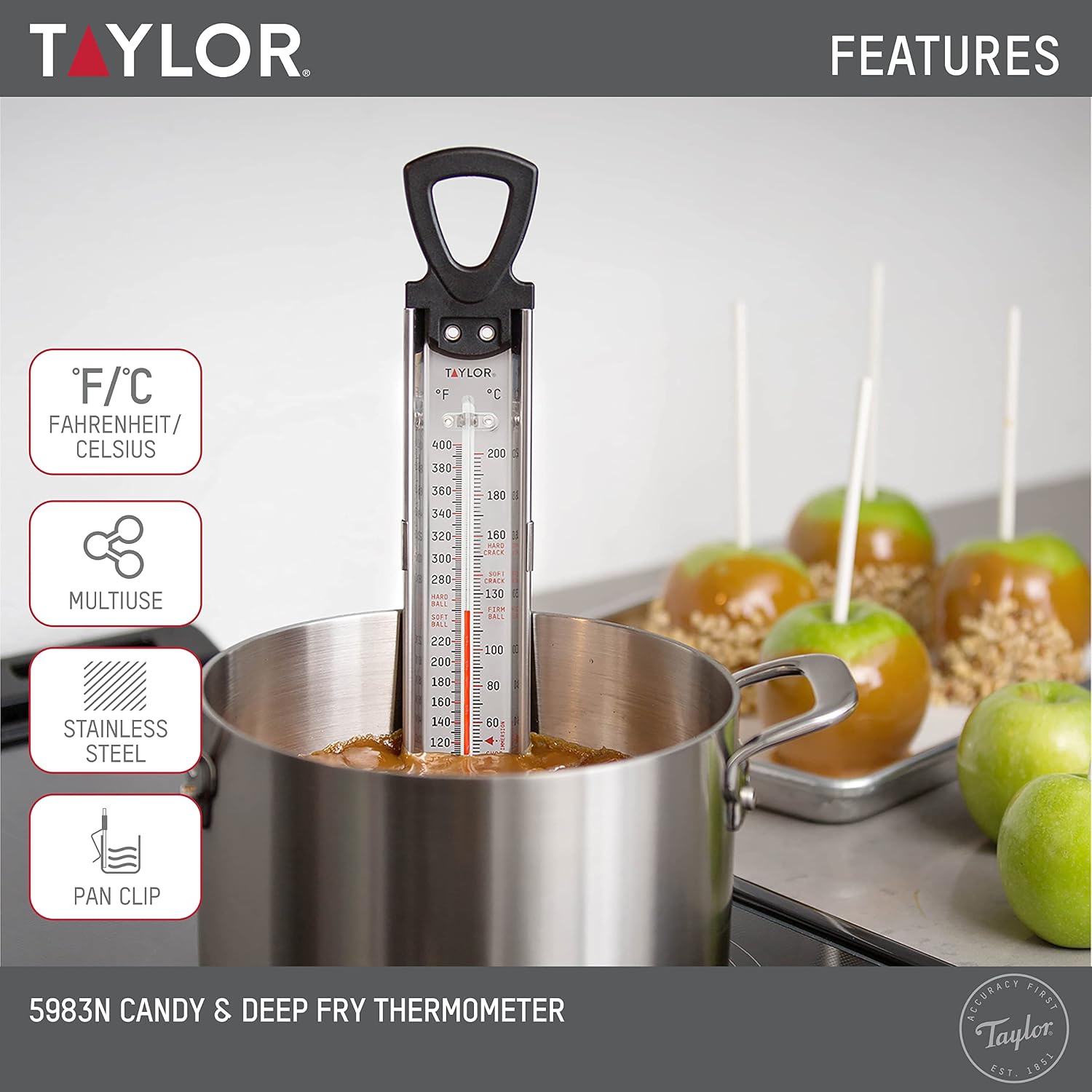 Food Network Candy Thermometer – Clip-On Stainless Steel Design with Stay-Cool Handle, 100°F–400°F Gauge for Candy, Oil & Deep Frying, Oven Safe Construction with Storage Sheath (Red) (Black)