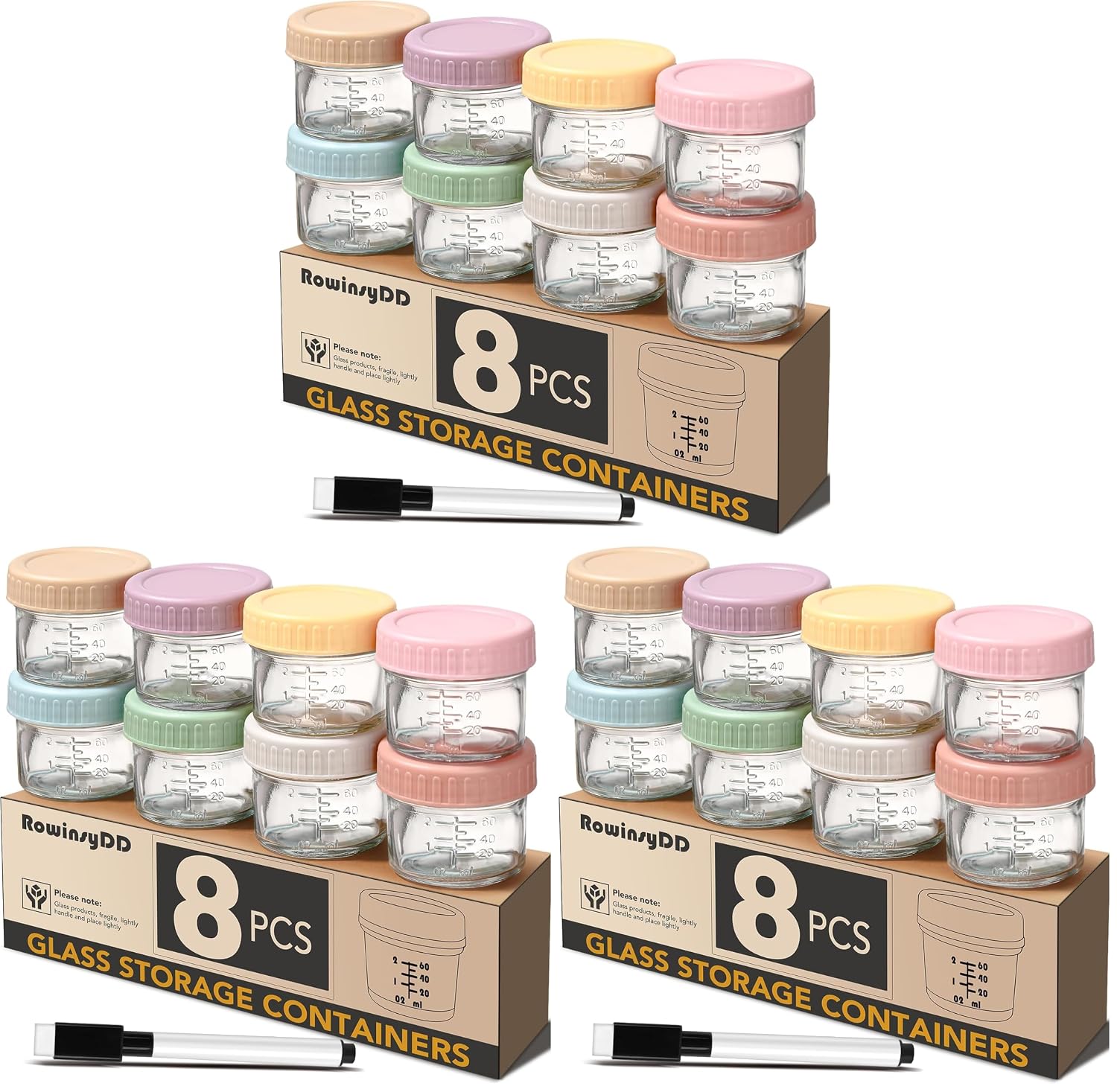 RowinsyDD 24 Pack Glass Baby Food Storage Containers, 2 oz Leakproof Baby Food Jars with Lids, Small Glass Food Containers for Infant Baby, Freezer Safe