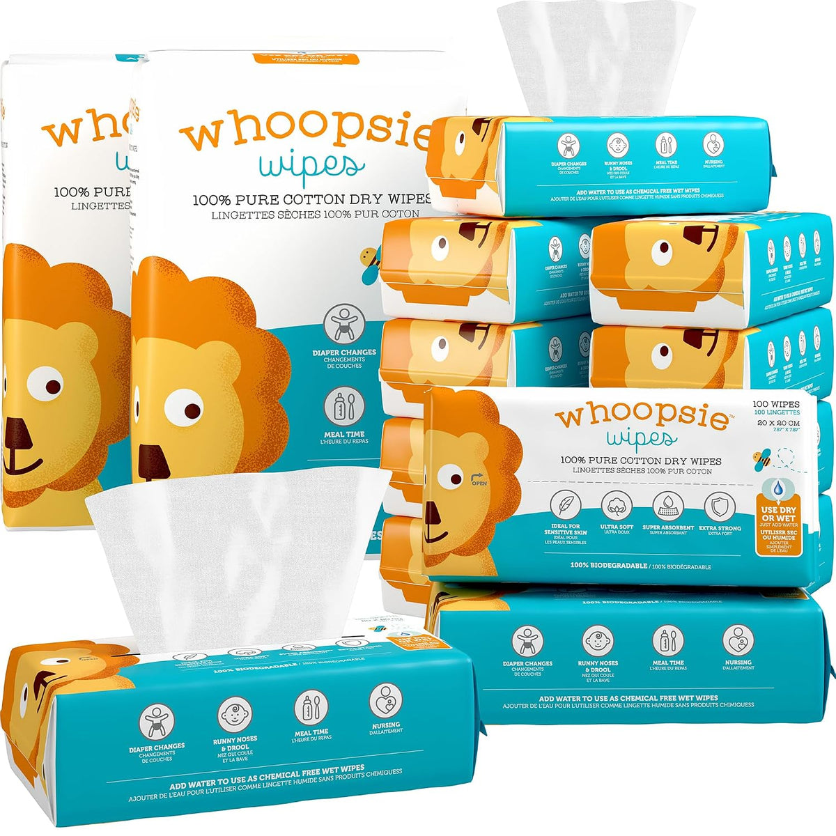 Whoopsie Wipes – The Original 100% Pure Cotton Dry Baby Wipes (1200 Count)