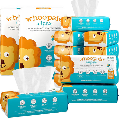 Whoopsie Wipes – The Original 100% Pure Cotton Dry Baby Wipes (1200 Count)