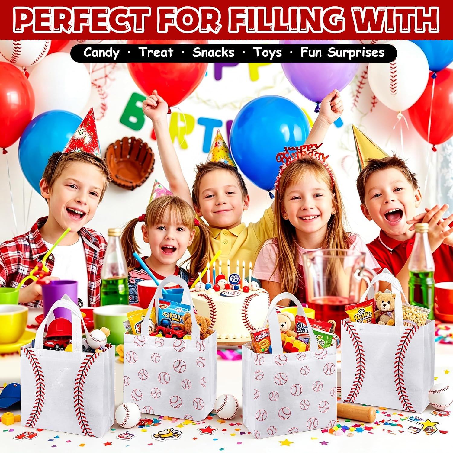 12 Pack Baseball Goodie Bags with Handles: Reusable Non-Woven Baseball Party Favor Bags for Kids Birthday Party, Game Day Gift Bag for Candy, Snacks, Treat, Team Celebration & School Events