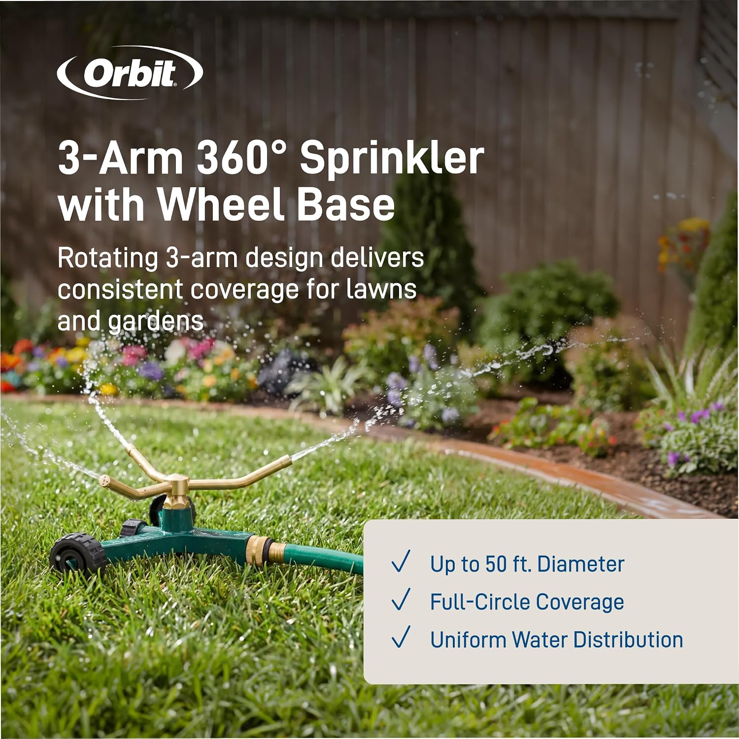Orbit 58257N Lawn and Garden 3-Arm Metal Sprinkler with Wheel Base