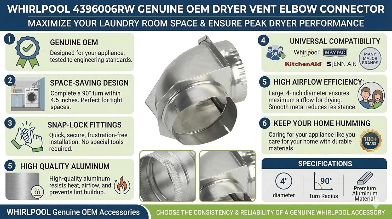 Whirlpool 4396006RW Genuine OEM Dryer Vent Elbow Connector, 90-Degree Close-Turn, 4-Inch Aluminum Space-Saver Accessory
