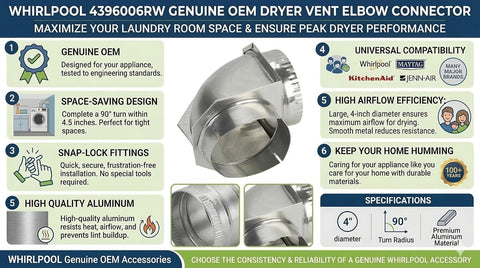 Whirlpool 4396006RW Genuine OEM Dryer Vent Elbow Connector, 90-Degree Close-Turn, 4-Inch Aluminum Space-Saver Accessory