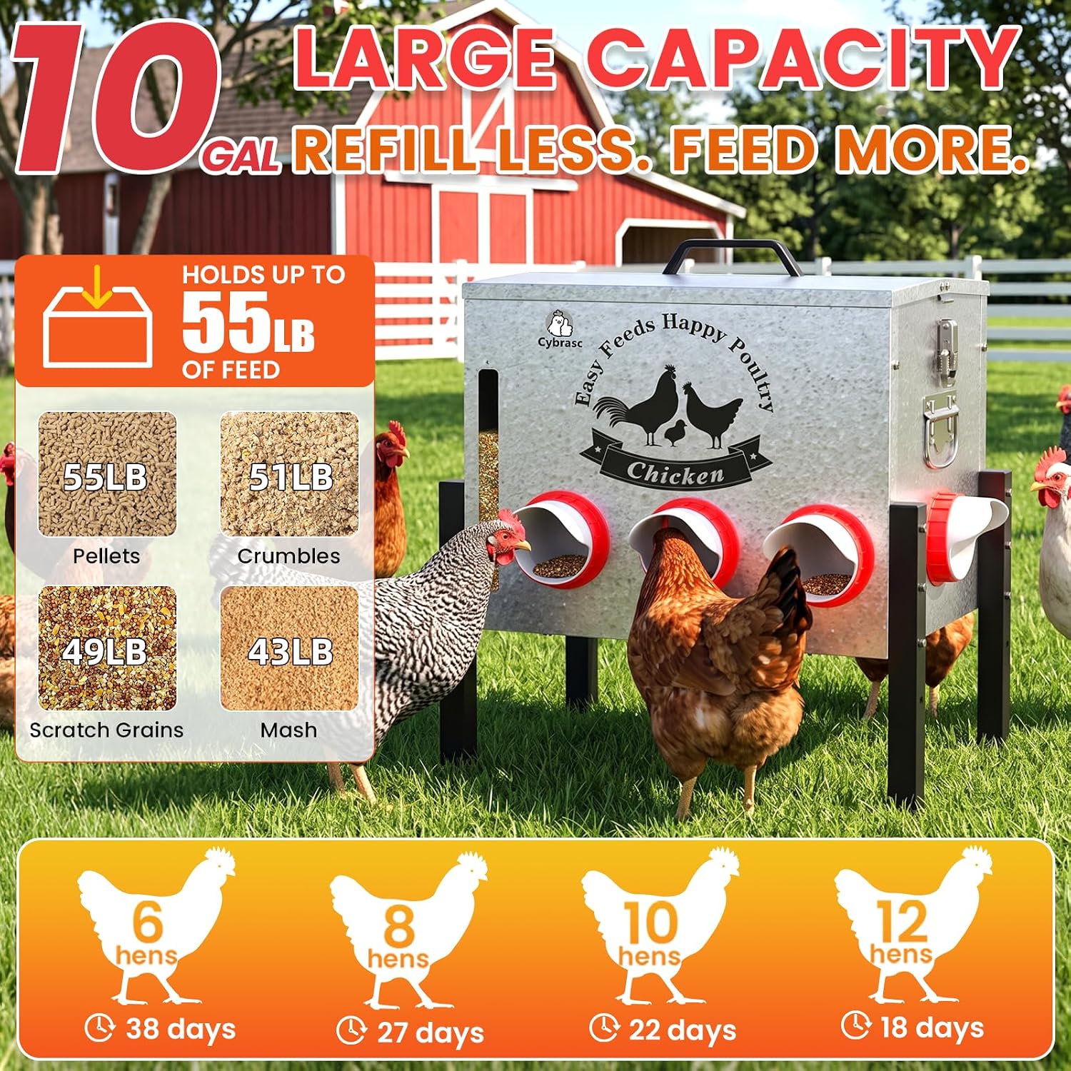 10-Gal Metal Automatic Chicken Feeder with 8 Feeding Ports
