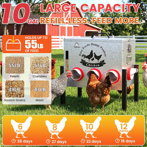 10-Gal Metal Automatic Chicken Feeder with 8 Feeding Ports