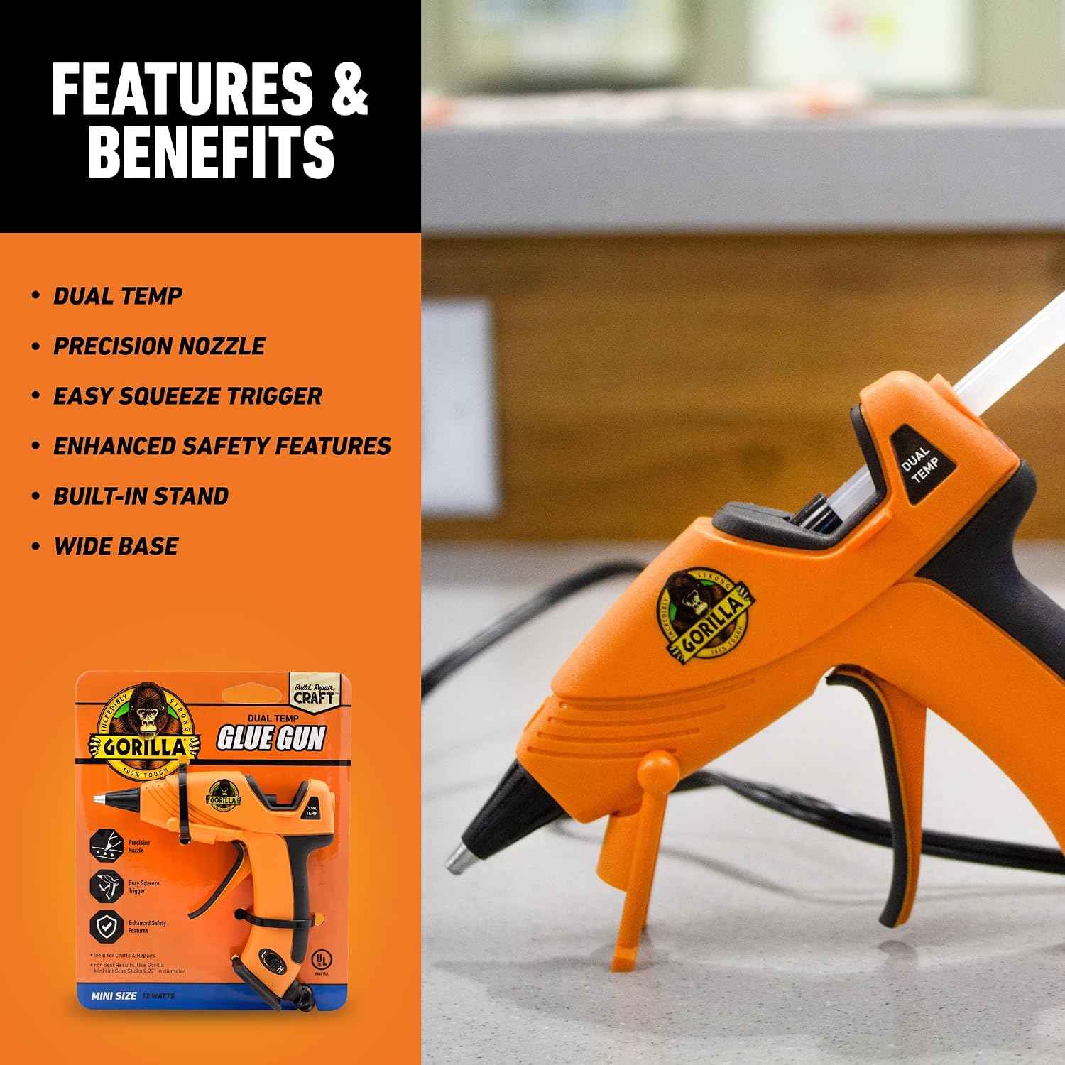 Gorilla Mini Hot Glue Gun Kit, Dual Temp, Includes 75 Sticks