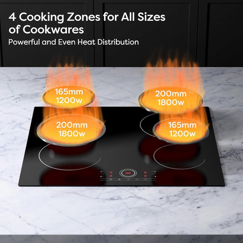 CDV 24 Inch Electric Cooktop 4 Burners 6000W Touch Control