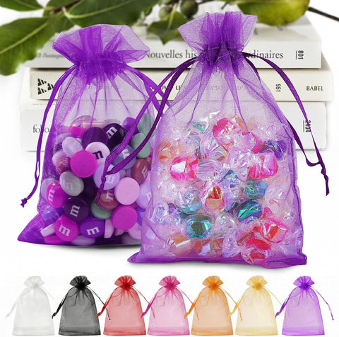 ANZNKU 100 PCS Organza Bags 5 x 7, Purple Small Mesh Gift Bags Drawstring