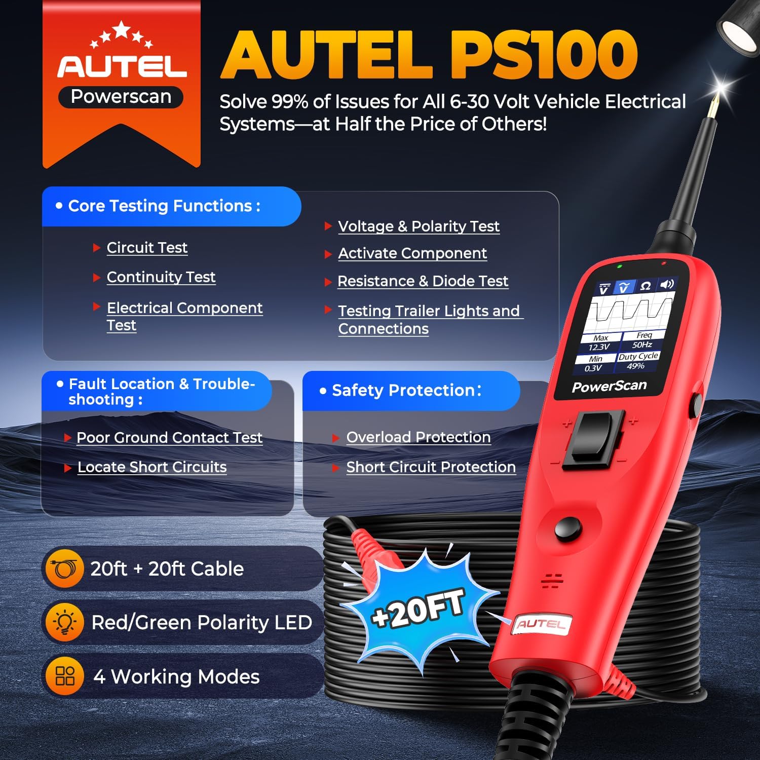 Autel PowerScan PS100 Circuit Tester 2.0, 12-24V Power Circuit Probe Tool