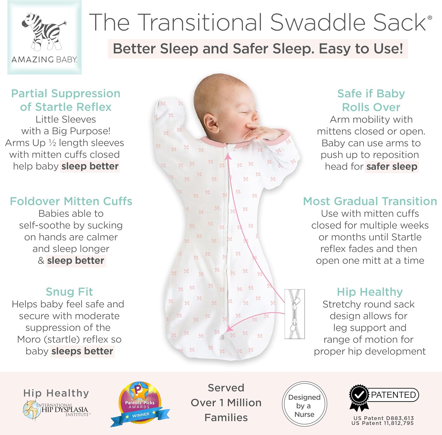 Amazing Baby Transitional Swaddle Sack, Cotton, Tiny Bows Pink, 6-9mo