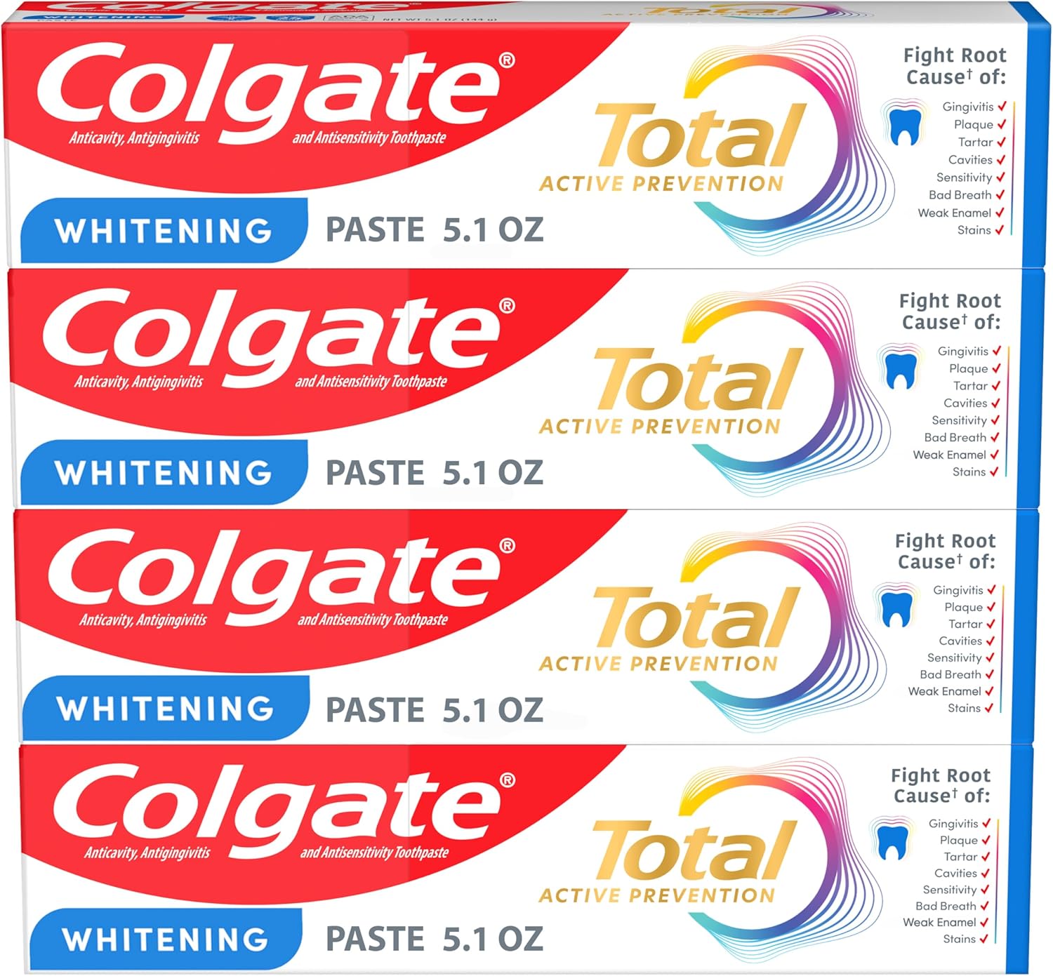 Colgate Total Whitening Toothpaste with Fluoride, Bulk 4 Pack, 5.1 oz