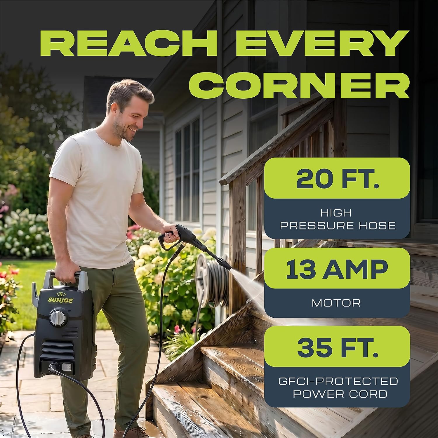 Sun Joe Electric Pressure Washer with Powerful Motor for Cars/Fences/Patios/All Uses, Safety First GFCI Power Cord, Adjustable Spray Wand & Total Stop System, 20-Foot Hose, Black, SPX205E-XT