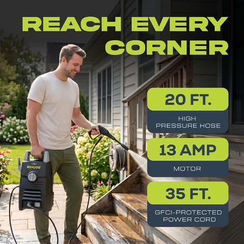 Sun Joe Electric Pressure Washer with Powerful Motor for Cars/Fences/Patios/All Uses, Safety First GFCI Power Cord, Adjustable Spray Wand & Total Stop System, 20-Foot Hose, Black, SPX205E-XT