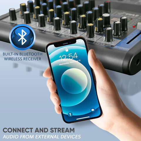 Pyle Professional 6 Channel Audio Mixer with Bluetooth - DJ Sound Board - USB Computer Input - Built-in MP3 Player - 48V Phantom Power - 3 Band EQ - 16-Bit DSP FX - Band, Studio Ready - PMXU63BT