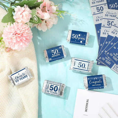 Tenare 90 Pcs 50th Birthday Candy Wrappers, Blue and Silver Stickers