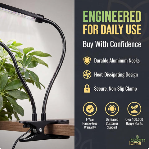 Bloom Lume LED Grow Lights for Indoor Plants Full Spectrum 6000K - Plant Grow Lights Indoor Features Multi Mode Color Spectrums (Red, White & Blue), Dimmable, Auto Timer, Clip on Gooseneck Plant Lamp