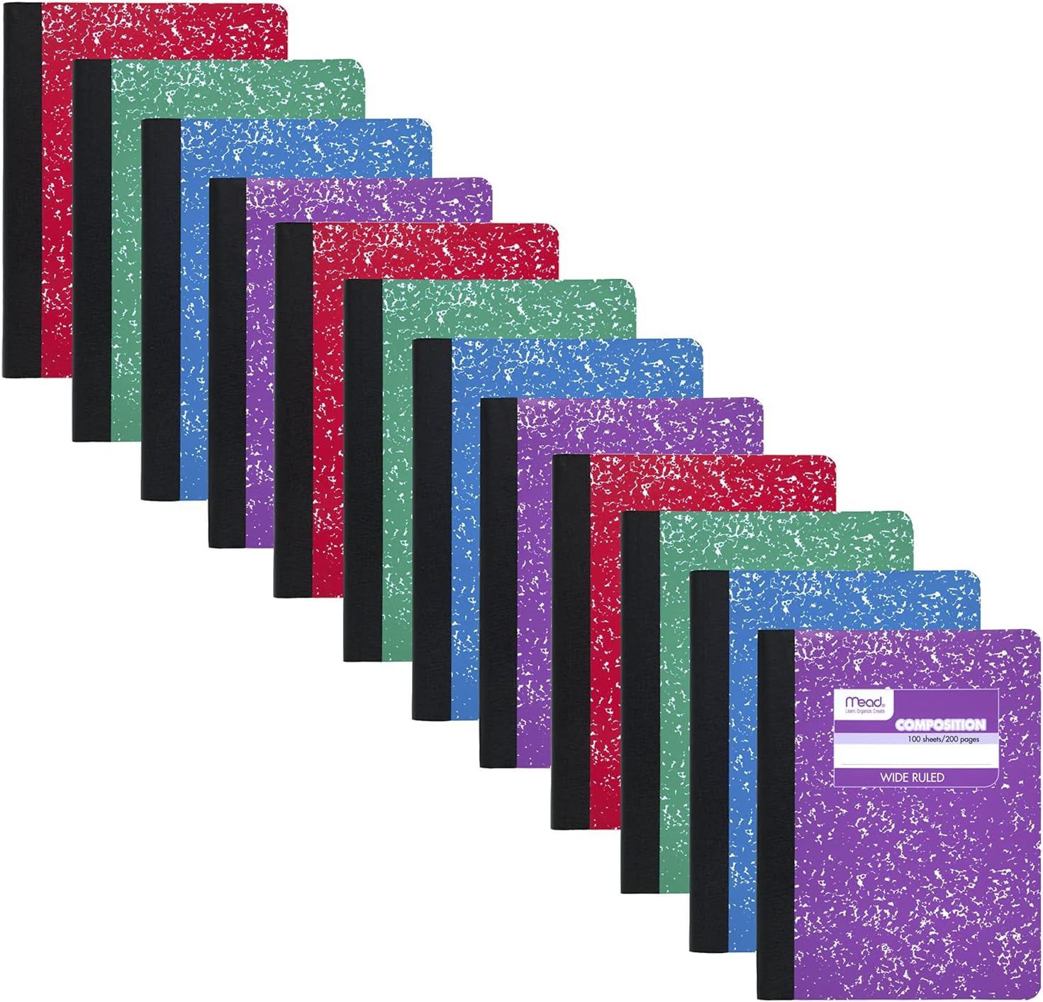 Mead Composition Notebook, 12 Pack, Wide Ruled Paper, 7-1/2" x 9-3/4", 100 Sheets per Comp Book, Colors Will Vary (963759)