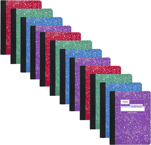 Mead Composition Notebook, 12 Pack, Wide Ruled Paper, 7-1/2" x 9-3/4", 100 Sheets per Comp Book, Colors Will Vary (963759)