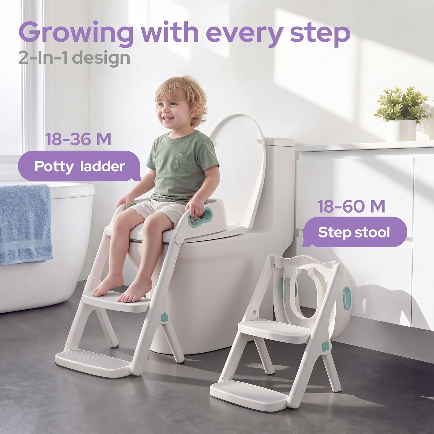 lalalark Potty Training Seat, 2-in-1 Toddler Toilet Seat with Steps, Upgrade Potty Step Stool for Toddler with Anti-Slip Pad Step Stool, Extended Splash Guard, Foldable Potty Ladder Boys Girls, Green